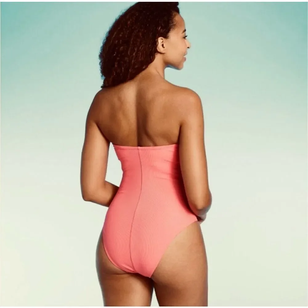 🌸 Shade & Shore Coral Pink Strapless Ribbed One Piece Swimsuit Size XS New